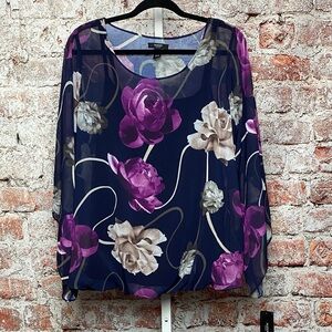 NWT Alfani Womenʻs Plus Size Navy and Purple Floral Blouse 1X